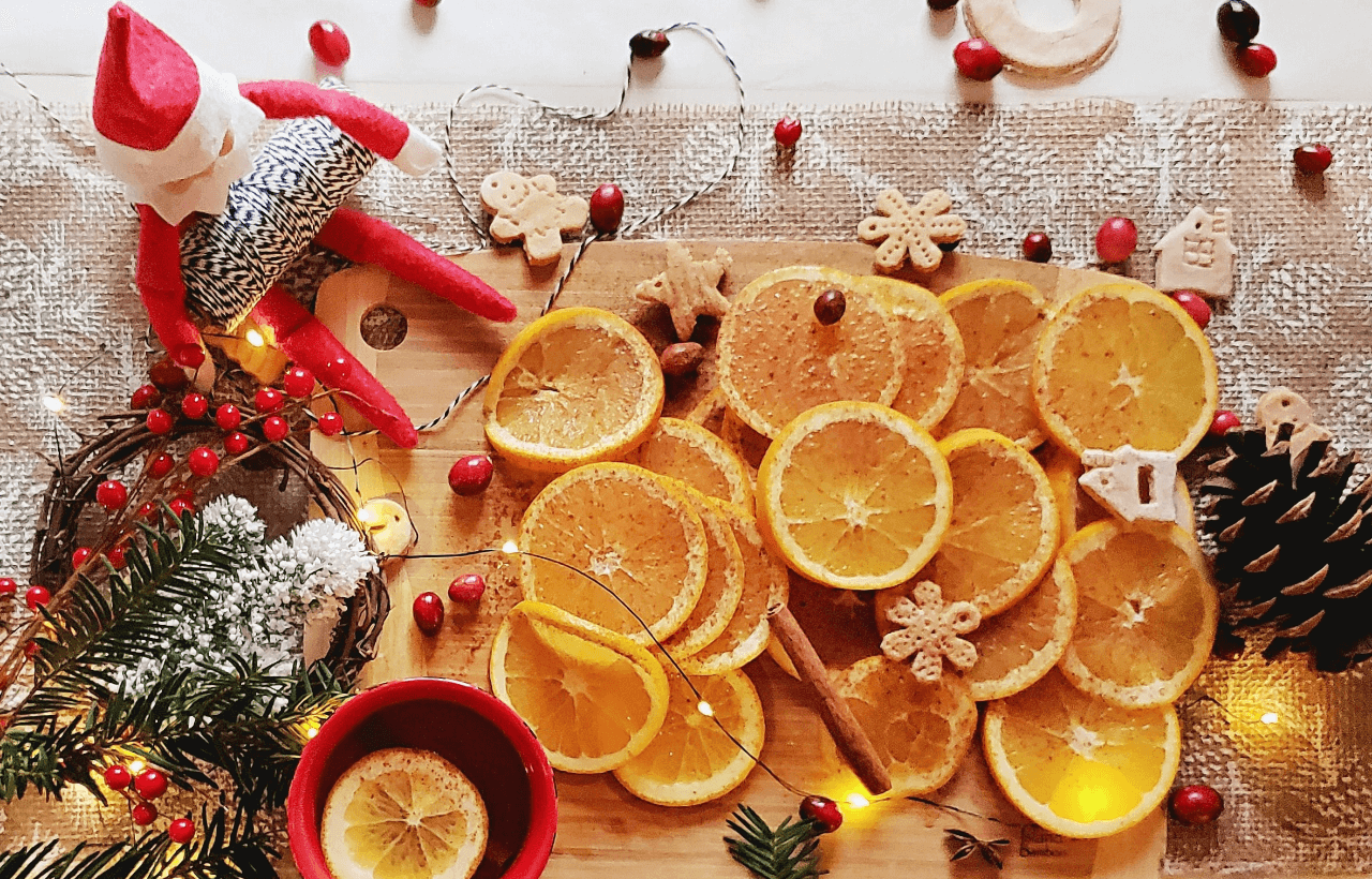 Santa decorations and oranges on the table
