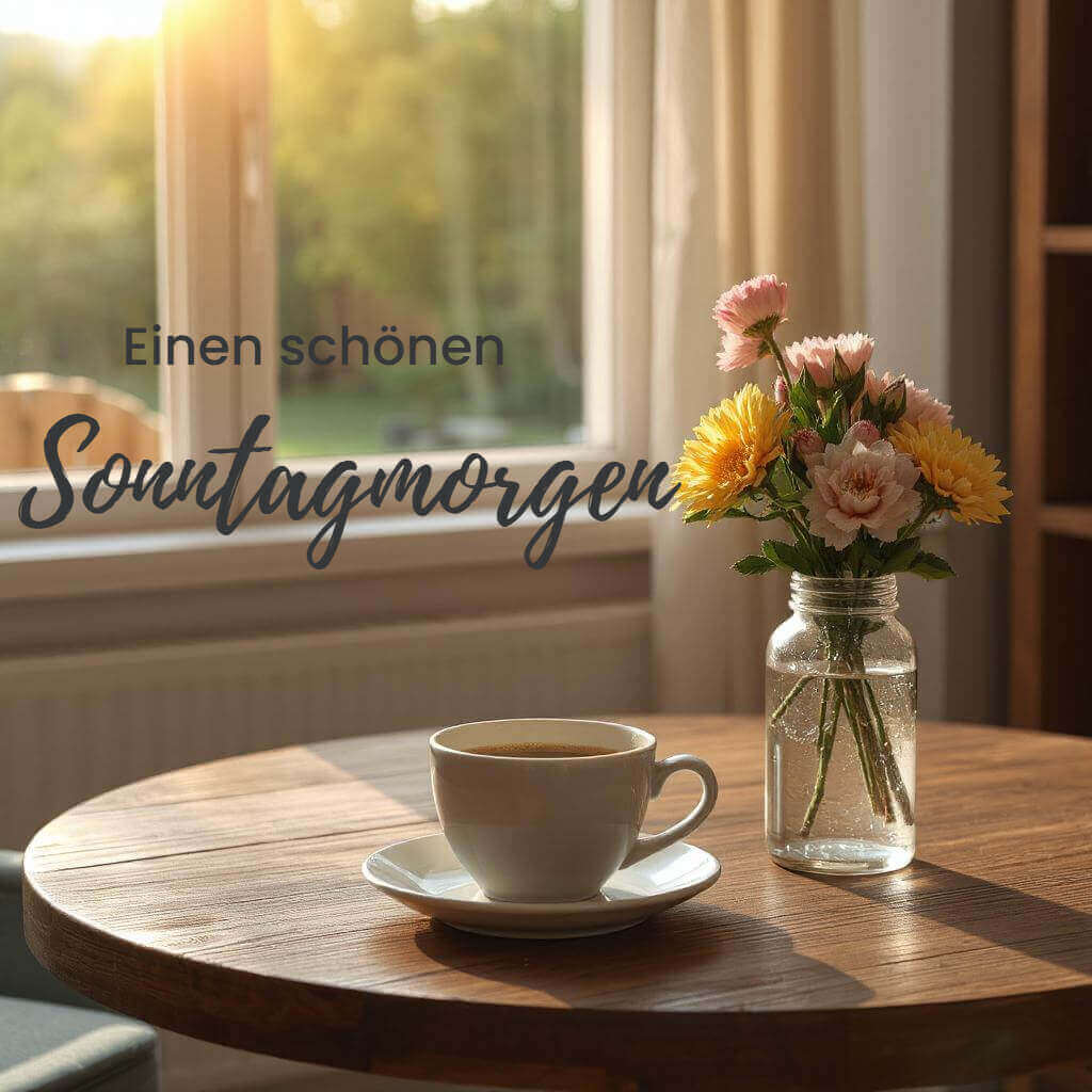 Schönen Sonntag Bild mit Blumen und Kaffeetasse und Text