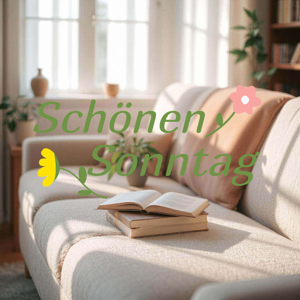 Schönen Sonntag Bild mit Sofa, Büchern und Text