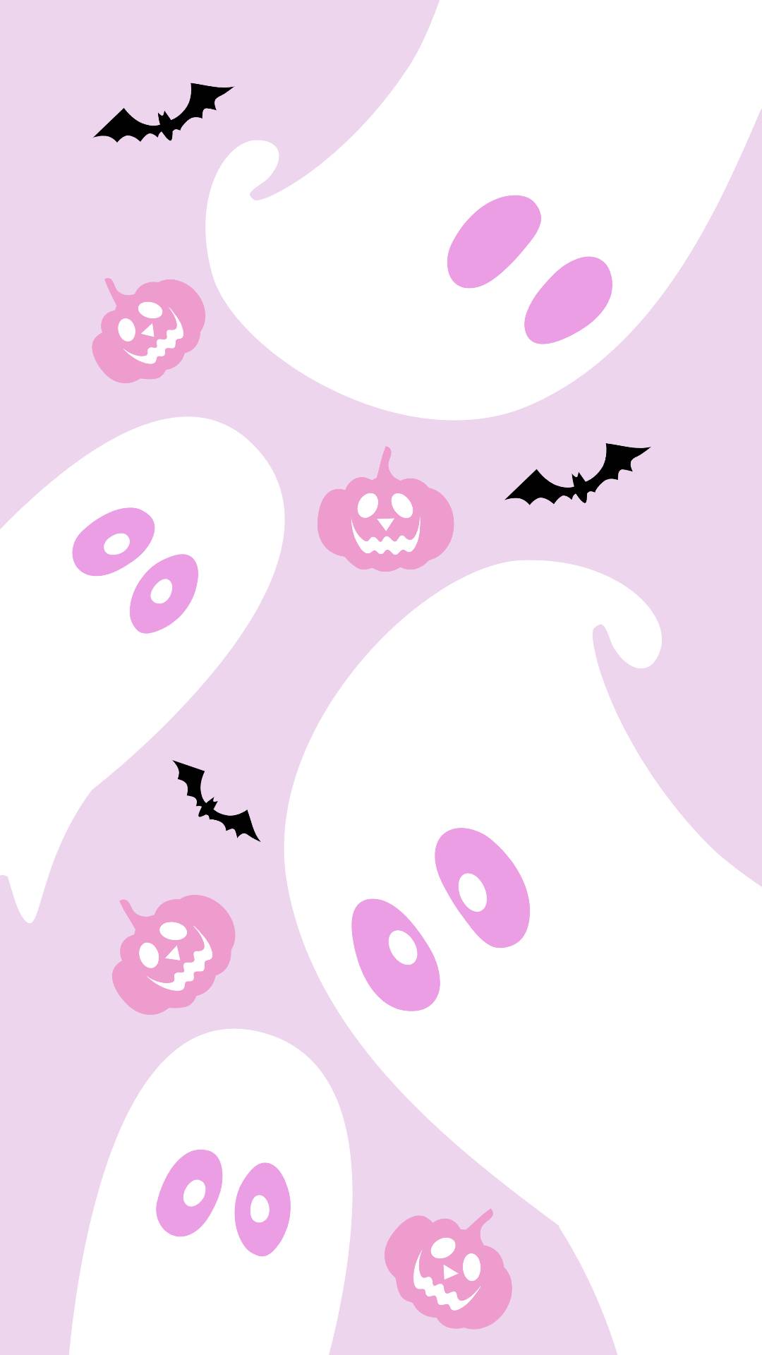 a purple color halloween wallpaper with cute ghosts, pumpkins. and bats
