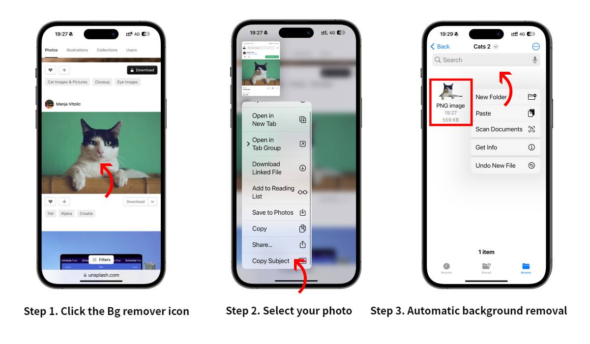Step-by-step image screenshot instructions on how to delete backgrounds from online images without downloading them on iPhone using the Safari app