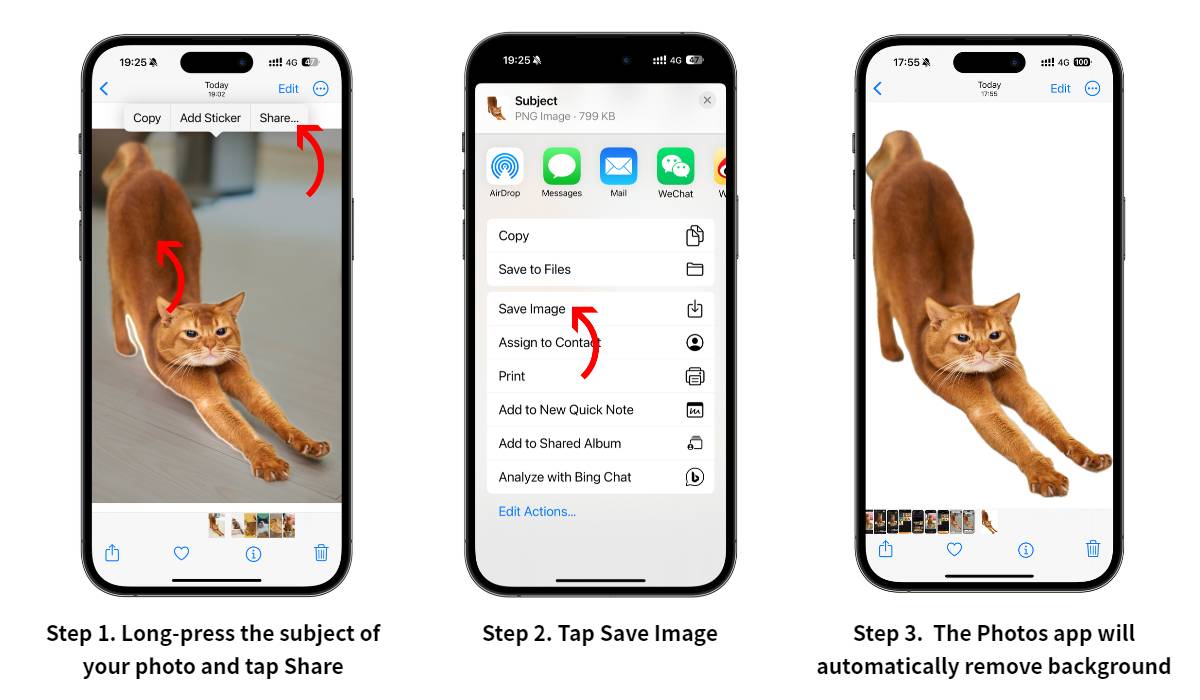 Step-by-step image screenshot instructions on how to remove background from picture on iPhone for free using the Photos app