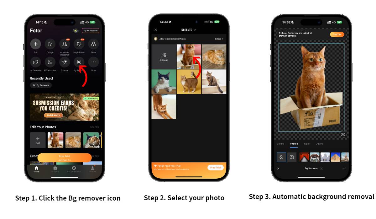 Step-by-step image screenshot instructions on how to remove background from picture on iPhone iOS 15, 14 or lower using Fotor app