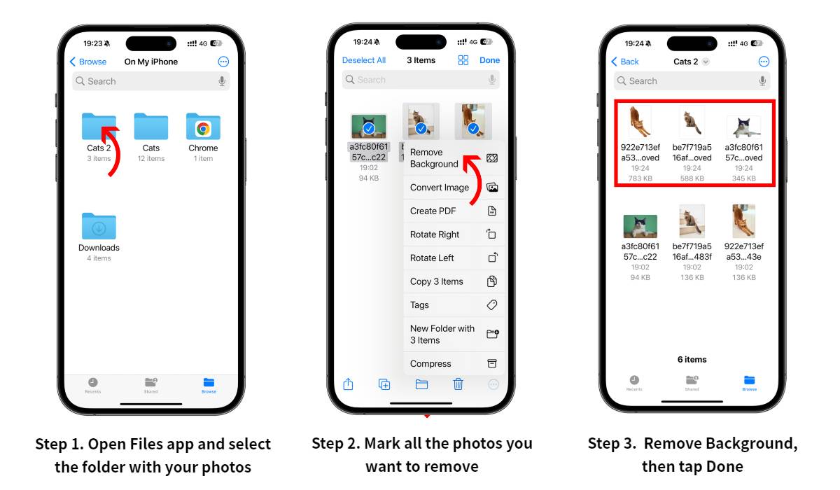 Step-by-step image screenshot instructions on how to remove backgrounds from multiple pictures on iPhone using the Files app