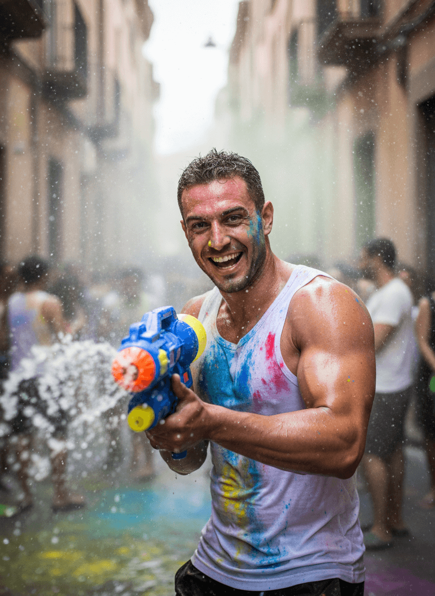 Strong Indian man in Holi water fight with water gun generated with Fotor AI
