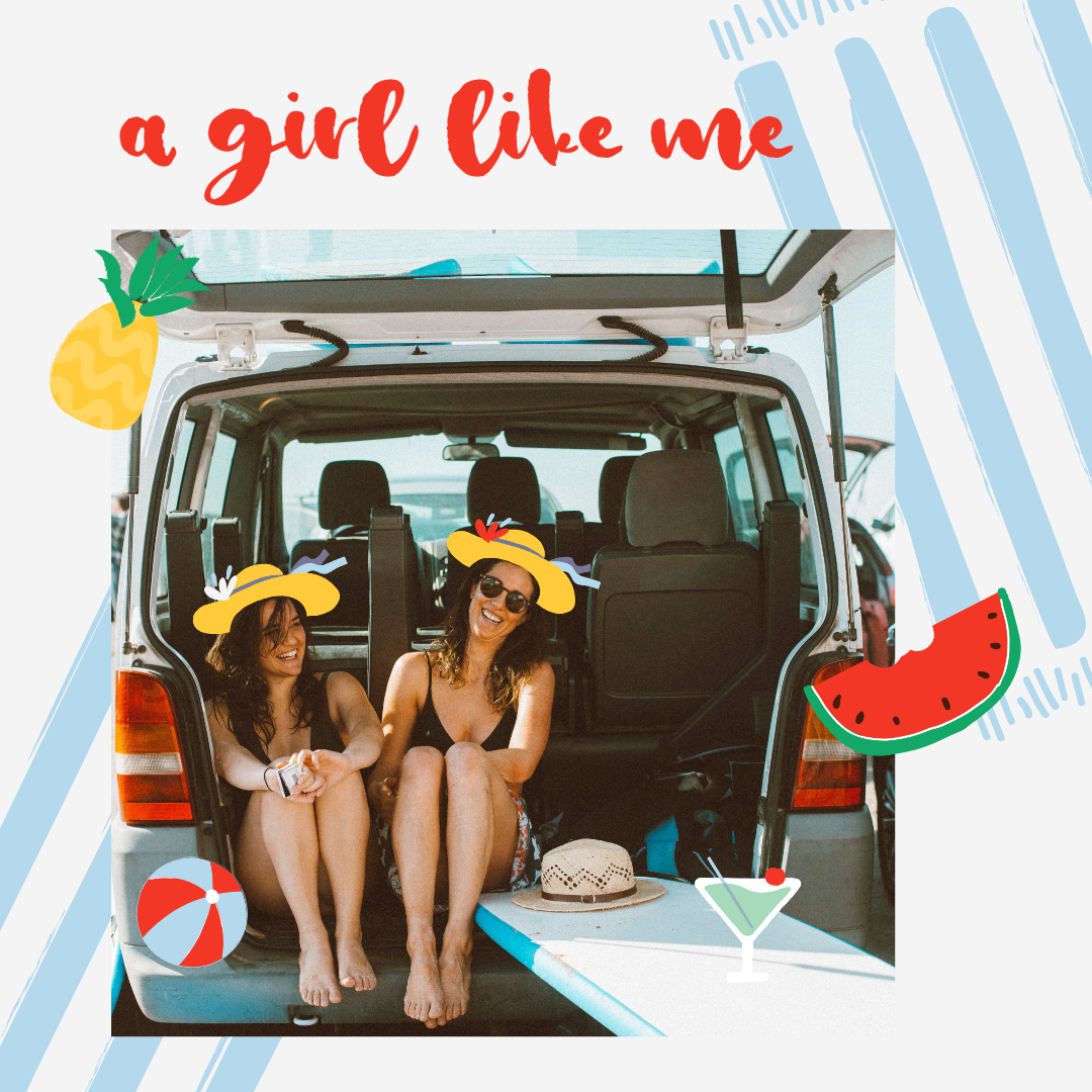 two girls sitting on the car with some fruit icons