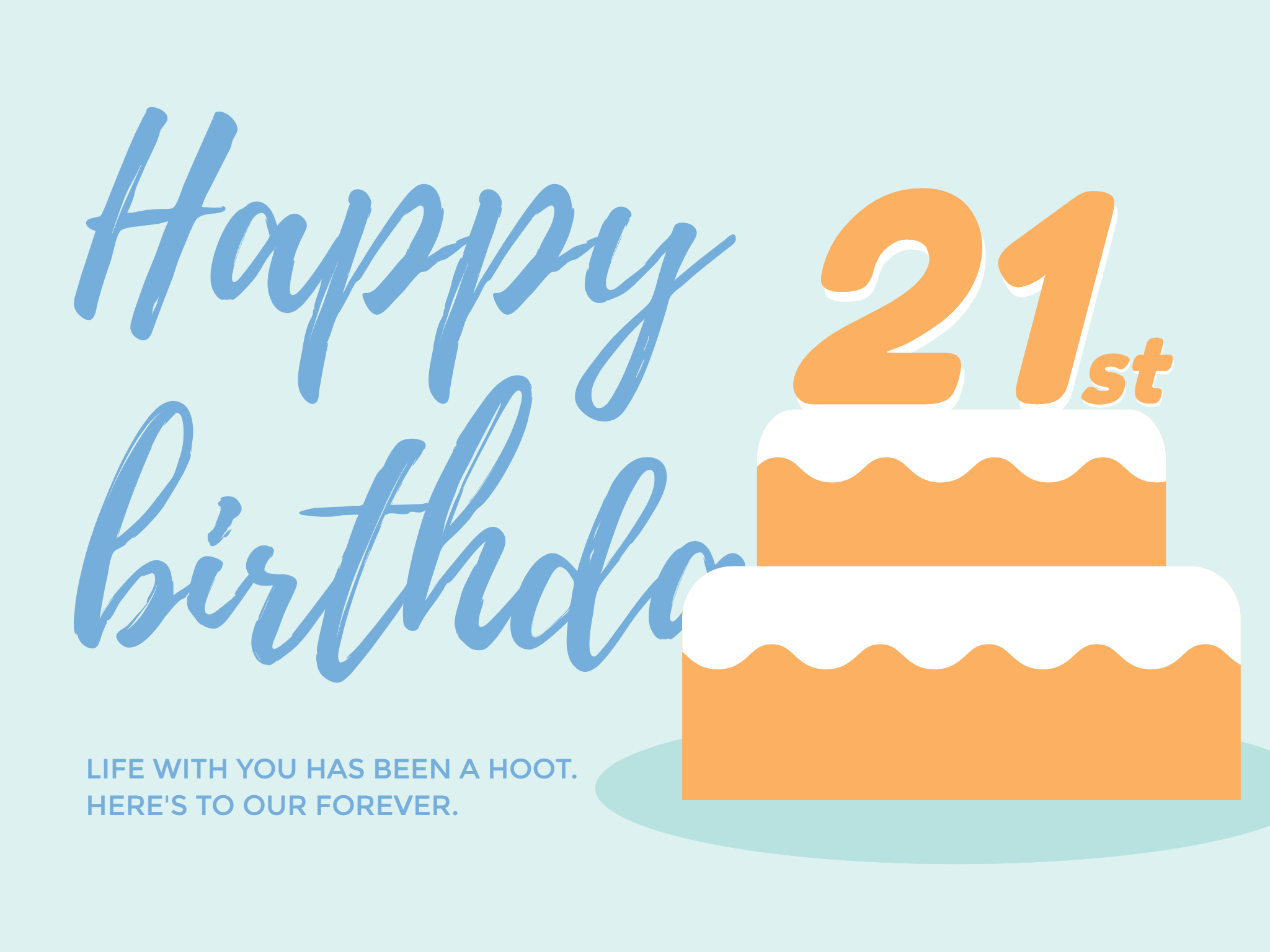 a blue happy 21st birthday card with a birthday cake