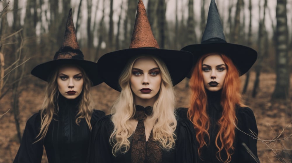 Three pretty girls in witch makeup and witch hat