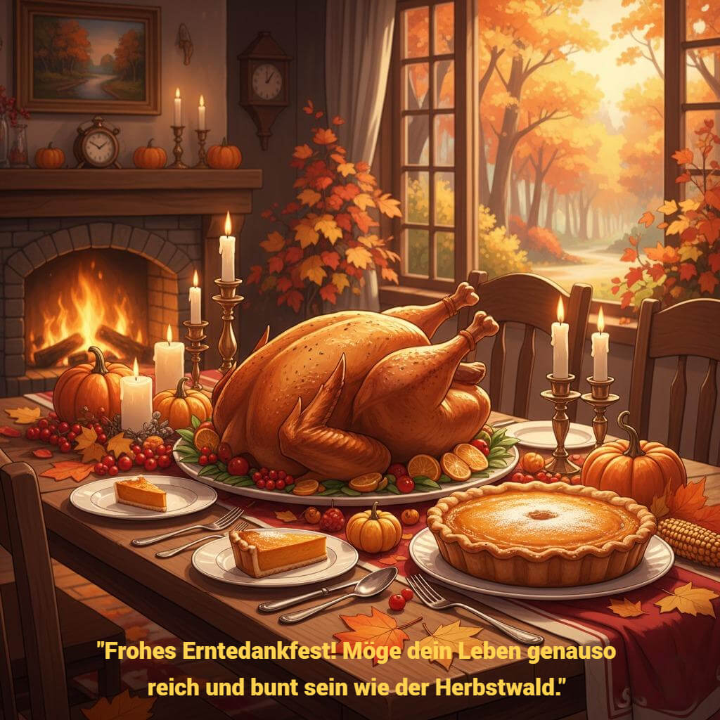 Torte und Pute sowie Kürbis und Kerzen auf einem Esstisch