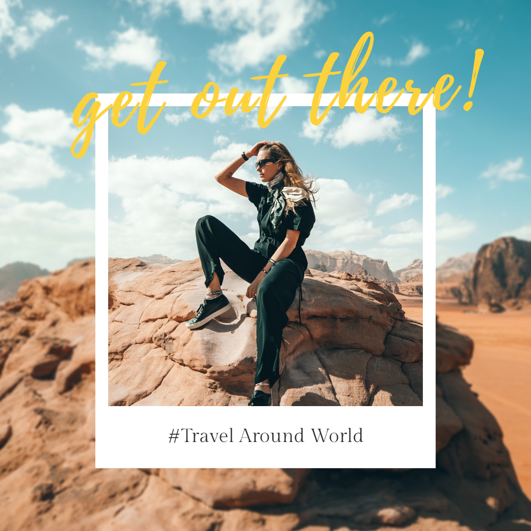 a travel around the world post with a girl sitting on a stone