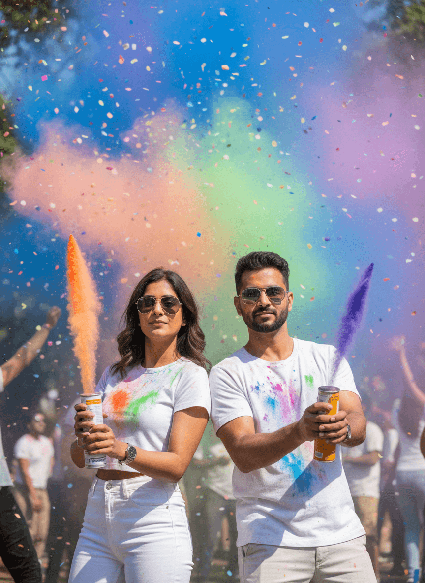 Trendy Indian couple with sunglasses playing Holi generated with Fotor AI image generator