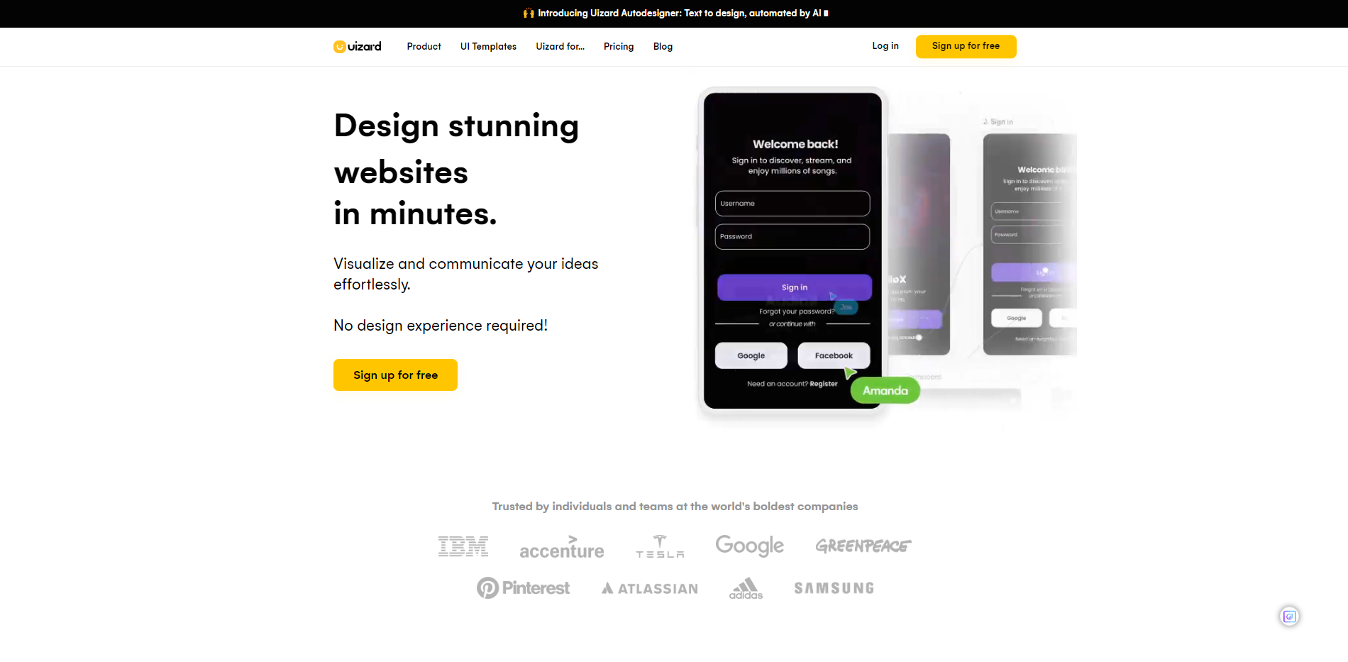 Uizard's homepage to create websites, wireframes, web app and UI designs with AI in seconds