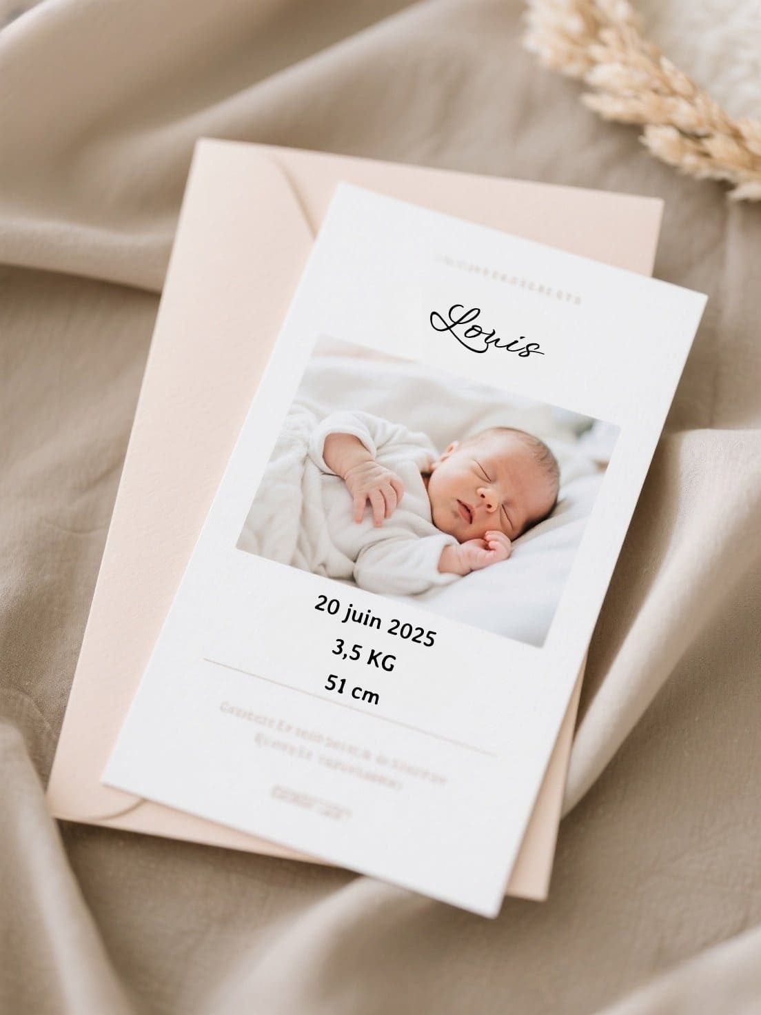 Un faire-part avec un texte en calligraphie Wind Song & Averia Libre pour annoncer la naissance d'un bébé