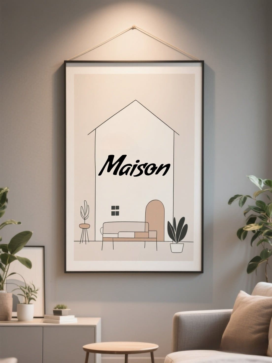 Un tableau décoratif sur le mur avec un texte en police manuscrite Condiment