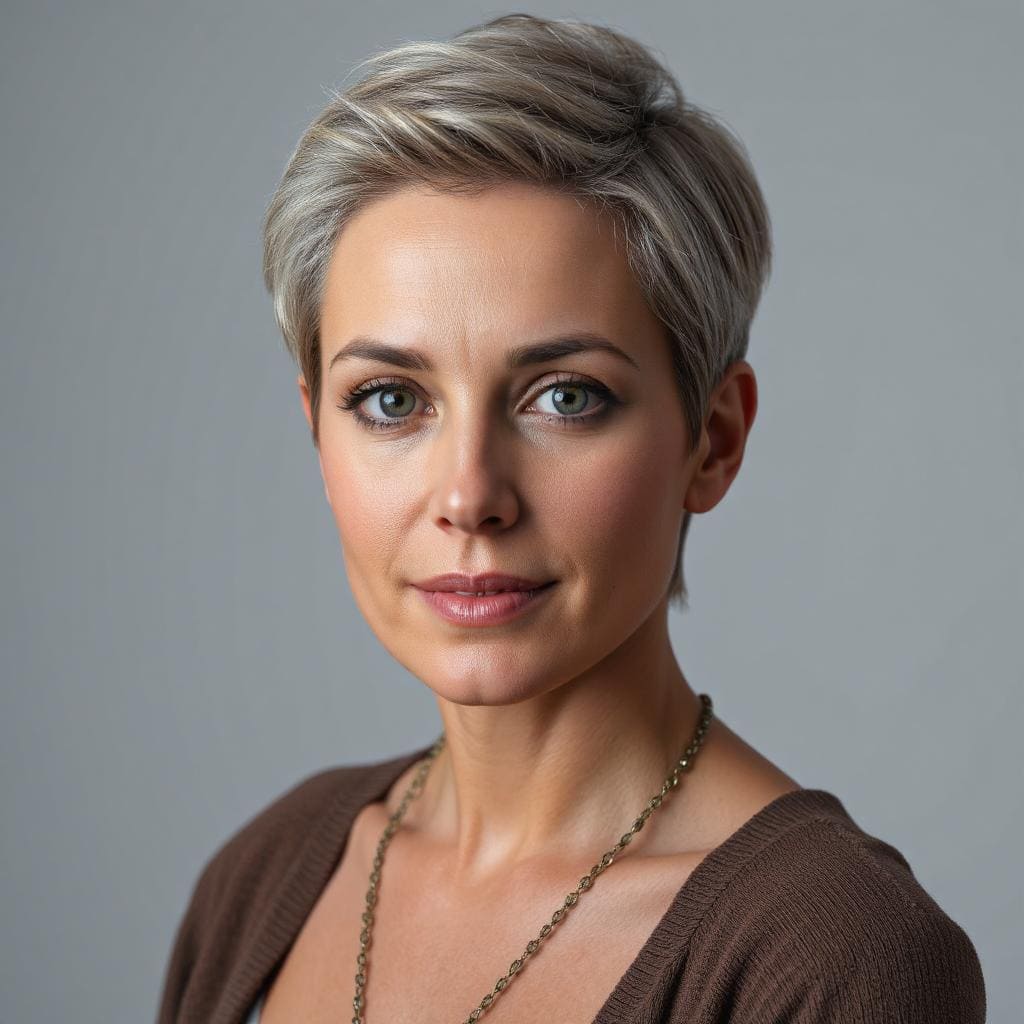 Une femme portant un haut brun avec une coupe pixie