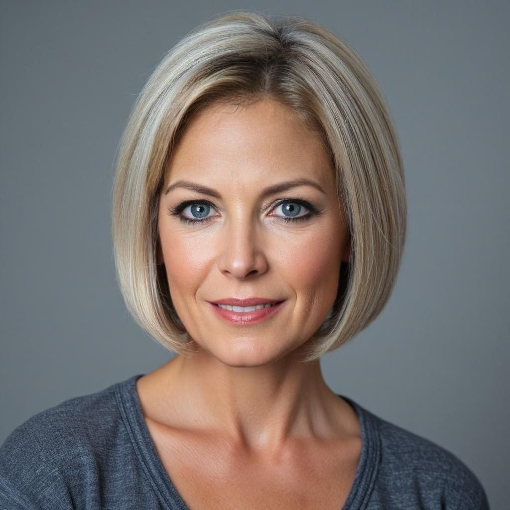 Une femme portant un t-shirt gris avec une coupe carré plongeant classique