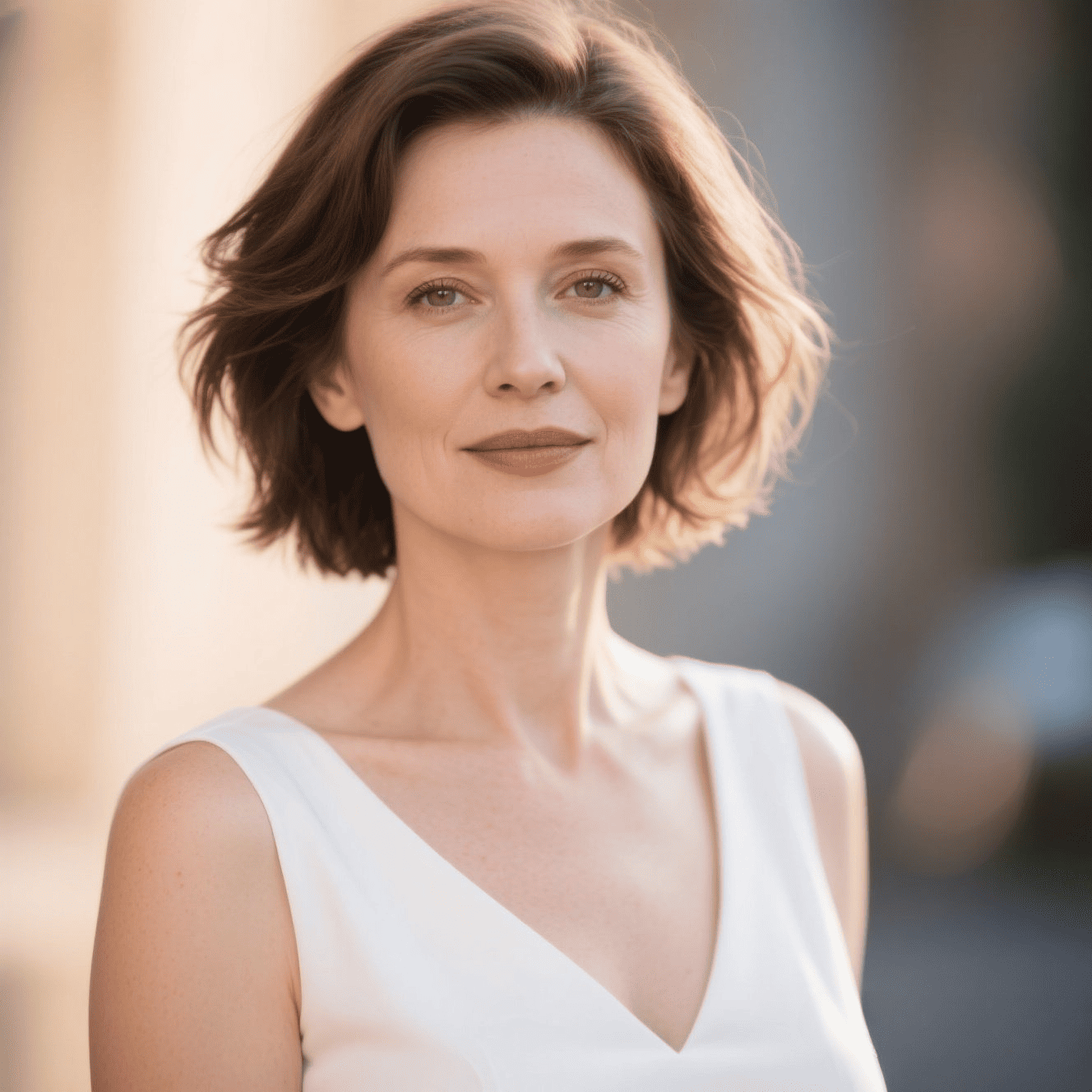 Une femme portant une robe blanche avec une coupe carré court ondulé
