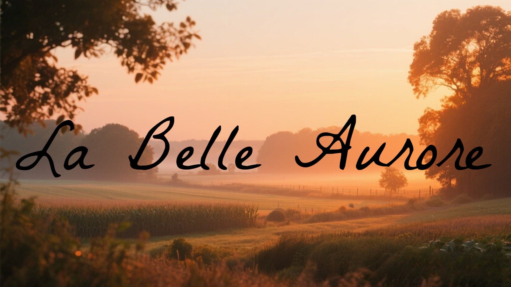 Une image de paysage de l'aube avec un texte en police d'écriture manuscrite La Belle Aurore