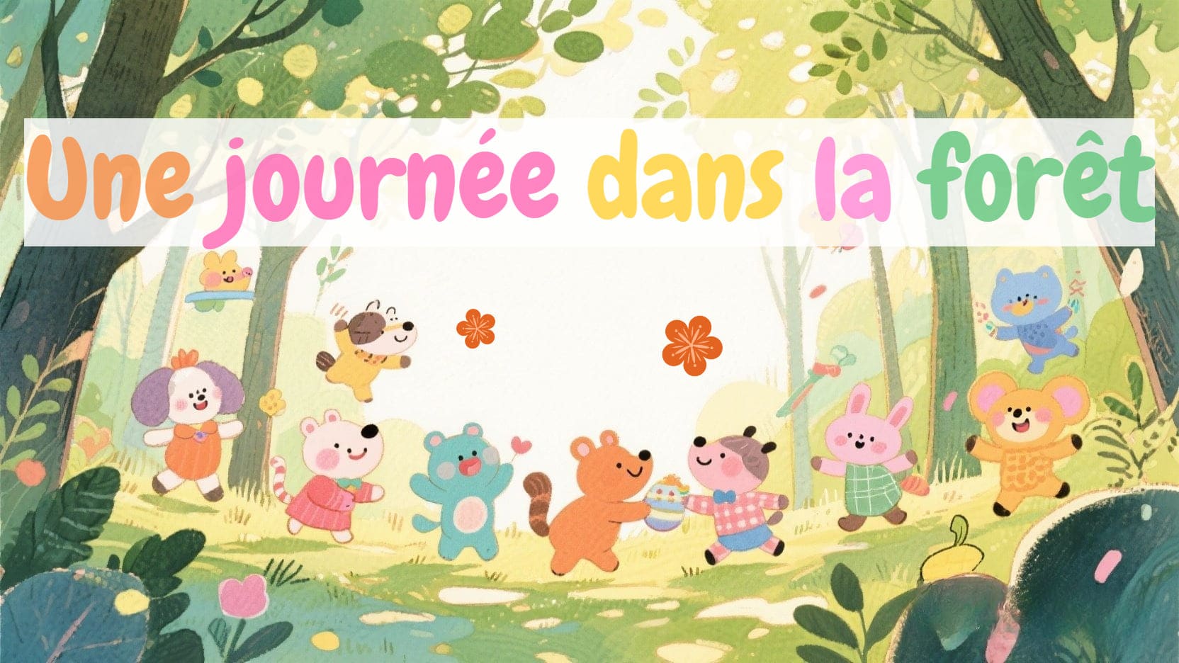 Une image des animaux de style cartoon dans la forêt avec un texte en police manuscrite Chewy sur l'image