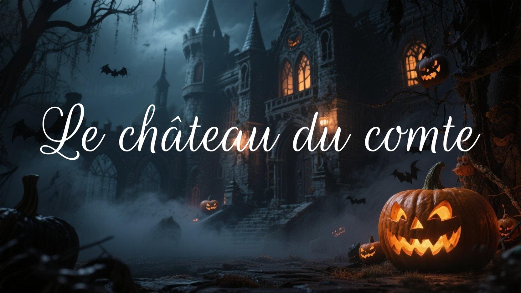 Une image d'un château sous l'ambiance d'Halloween avec un texte en calligraphie Rouge Script