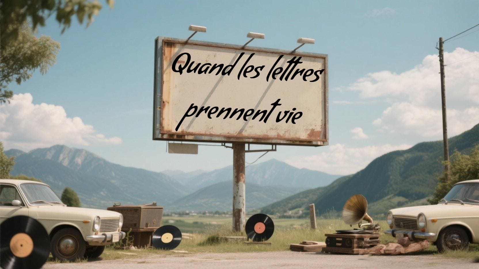 Une image d'un panneau publicitaire entre deux voitures avec un texte en calligraphie Condiment