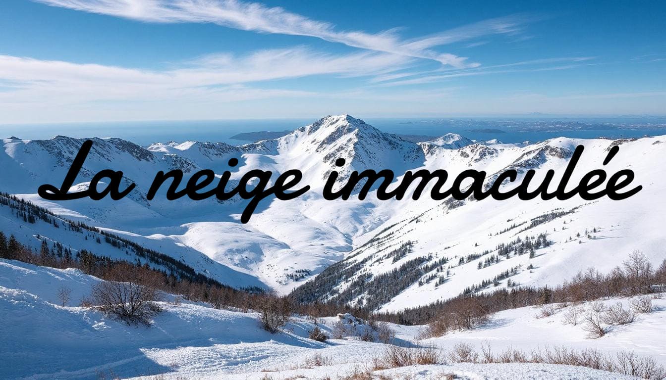 Une image d'une montagne neigée avec un texte en police d'écriture manuscrite Damion