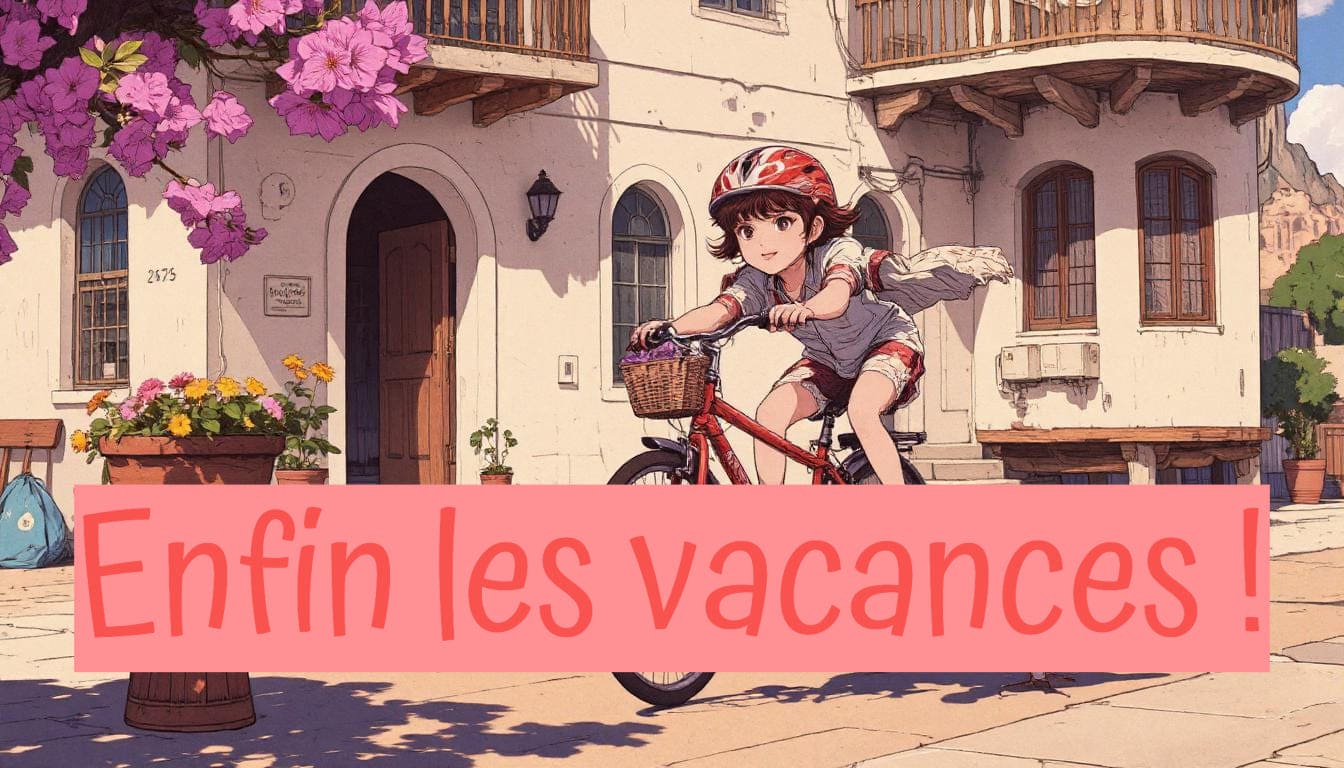 Une image d'une petite fille à vélo devant une maison avec un texte en écriture manuscrite Atma