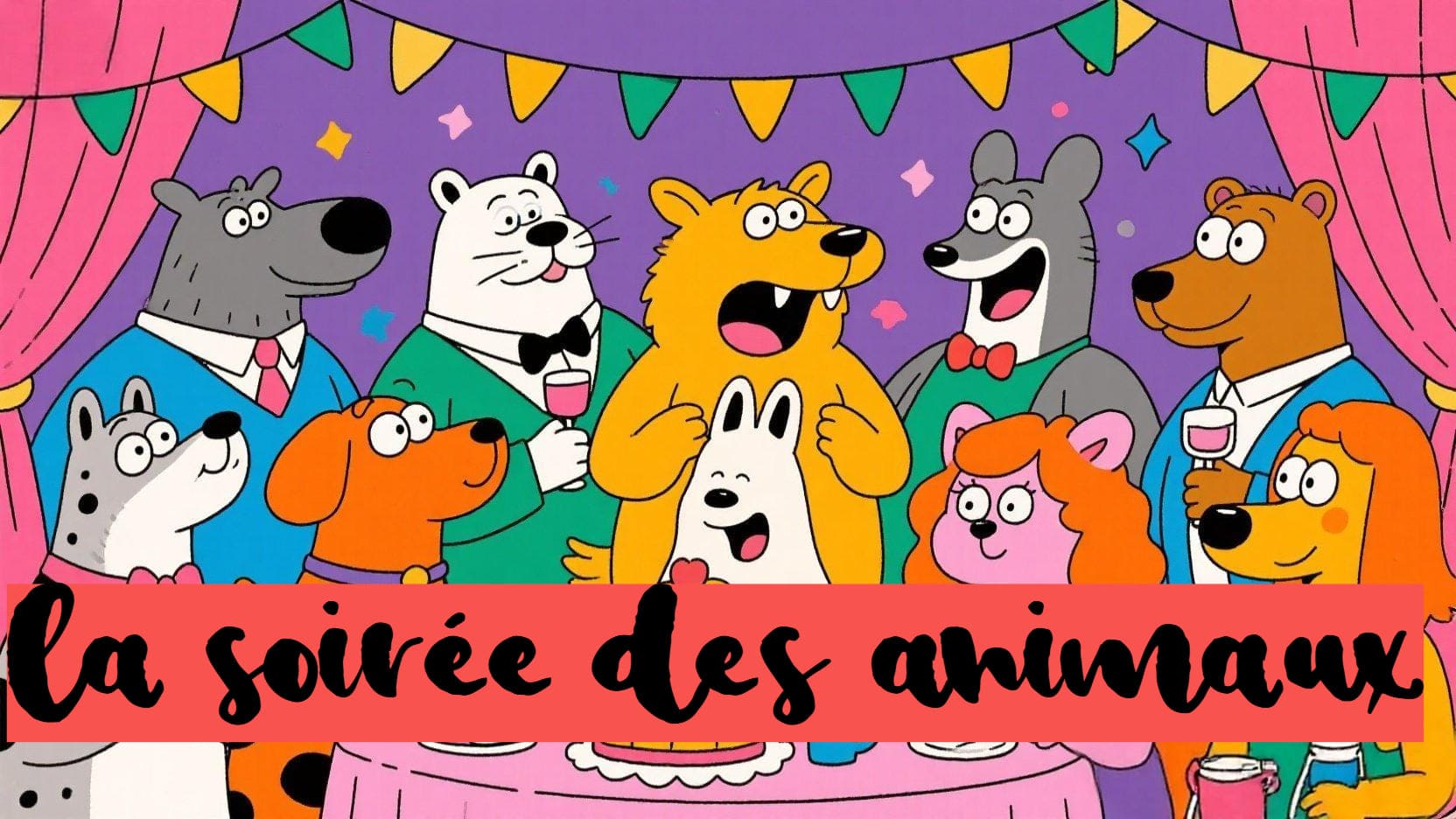 Une image d'une soirée des animaux avec un texte en police manuscrite Tw Fancy Free