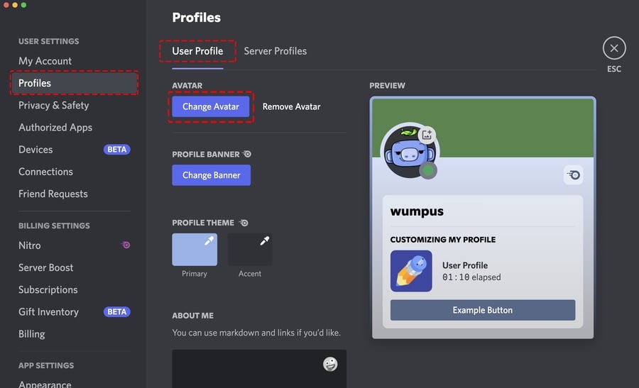 User profile page on Discord