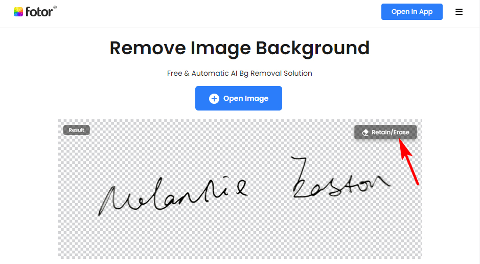 Using Fotor background removal tool to remove the background of the signature picture to create a digital handwritten signature