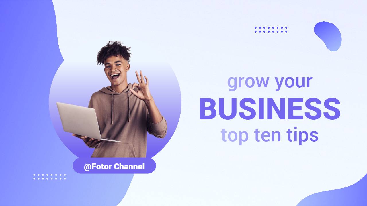 white and purple business youtube thumbnail about tips to grow up your business