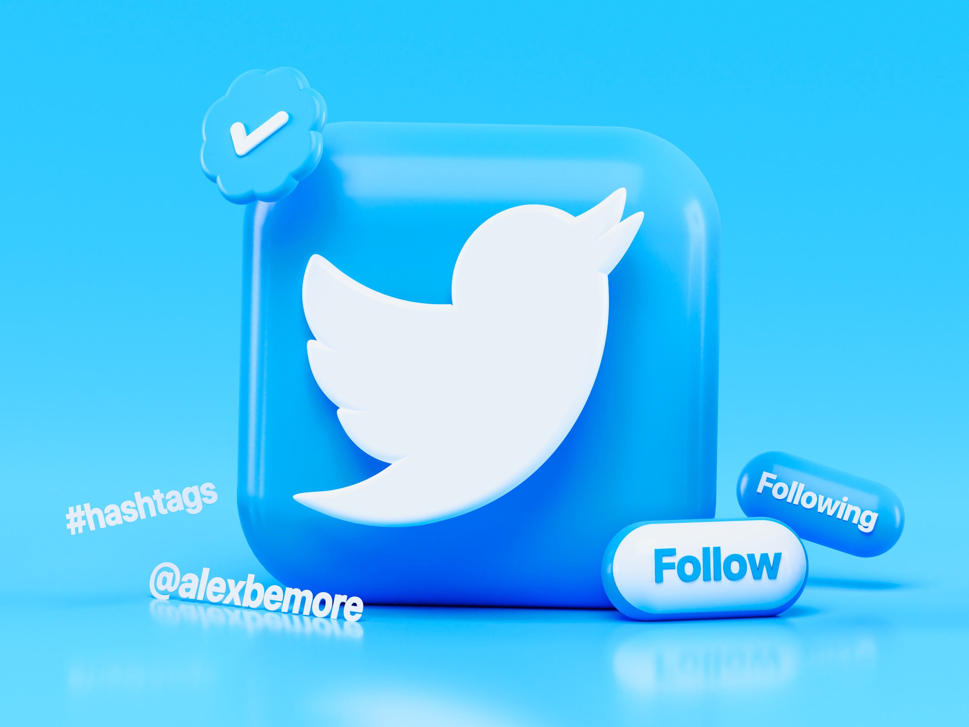 a 3d twitter icon with light blue background and other elements