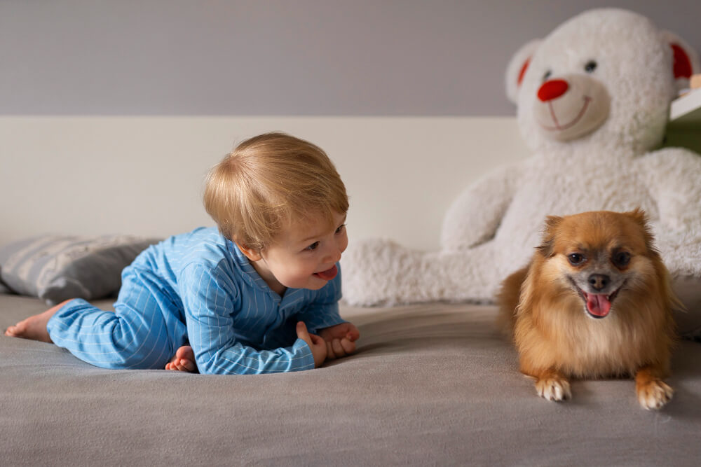 a baby in blue pajamas and a cute puppy