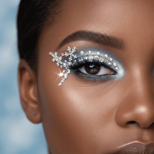 a black woman with rhinestone snowflake eyeliner