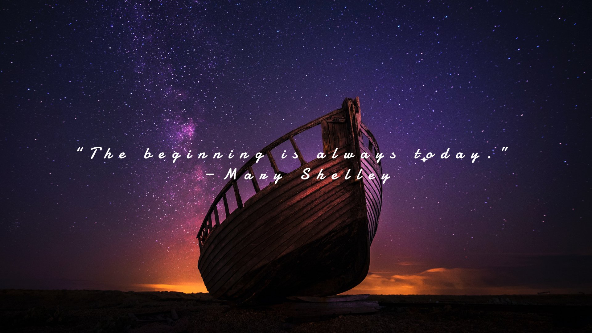 a boat under the galaxy sky desktop wallpapaer with the monday motivation quote from Mary Shelly