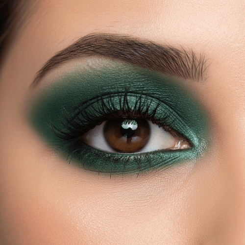 a close up eye with velvet green emerald makeup