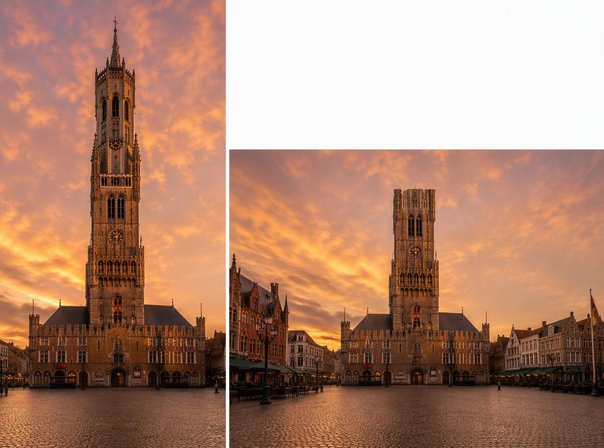 a comparison image of a clock tower in portrait and landscape orientation
