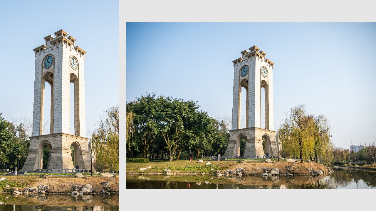 a comparison image of a clock tower in portrait and landscape orientation
