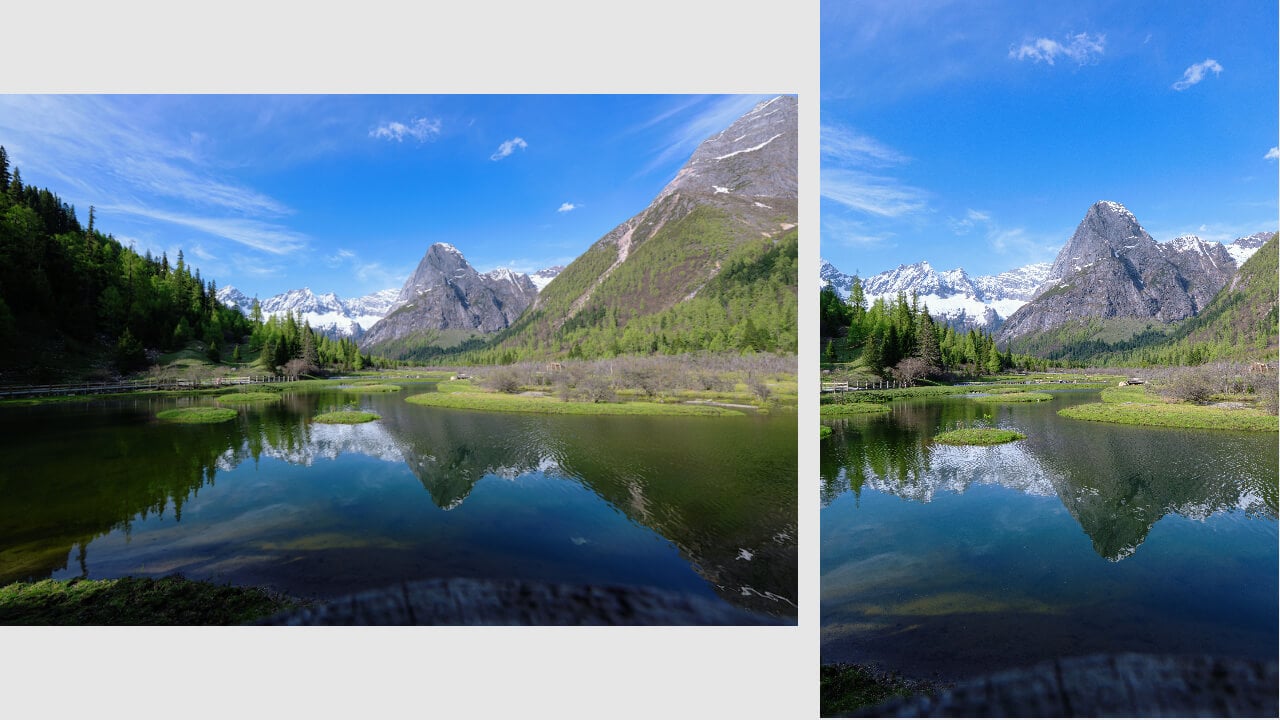 a comparison image of a mountain and lake landscape in landscape and portrait orientation