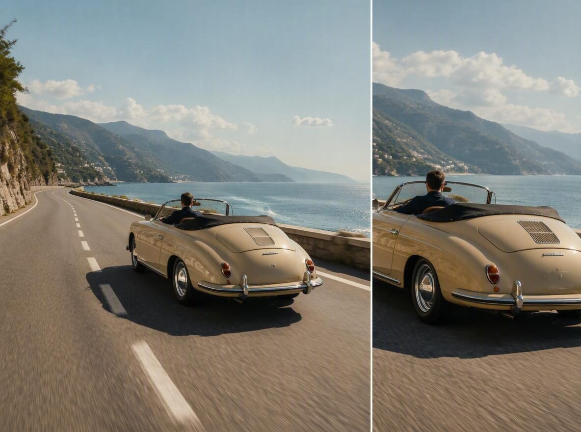 a comparison image of a person driving along a coastal road in landscape and portrait orientation