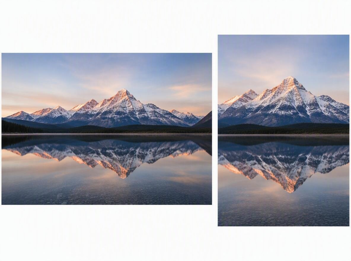 a comparison image of a snowy mountain landscape in landscape and portrait orientation