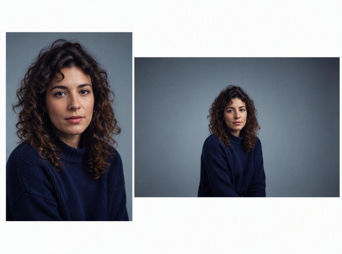 a comparison image of a woman in portrait and landscape orientation