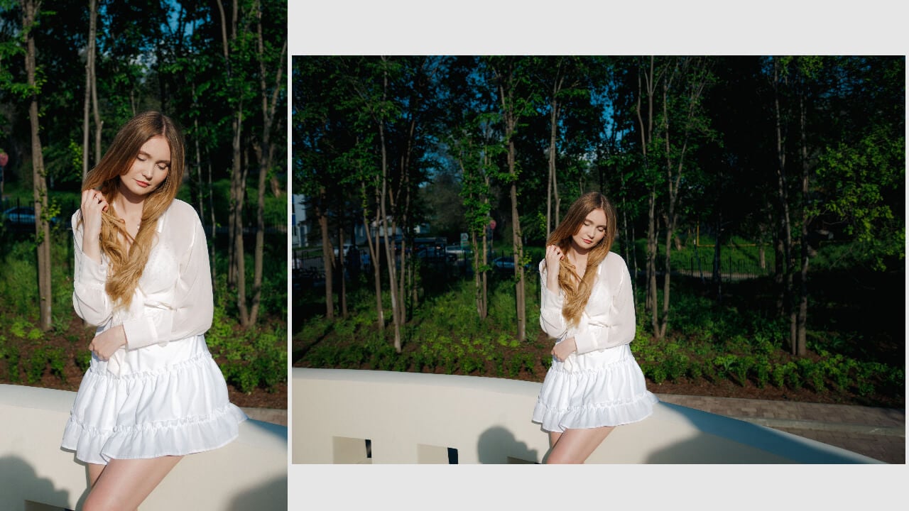 a comparison image of a woman in portrait and landscape orientation