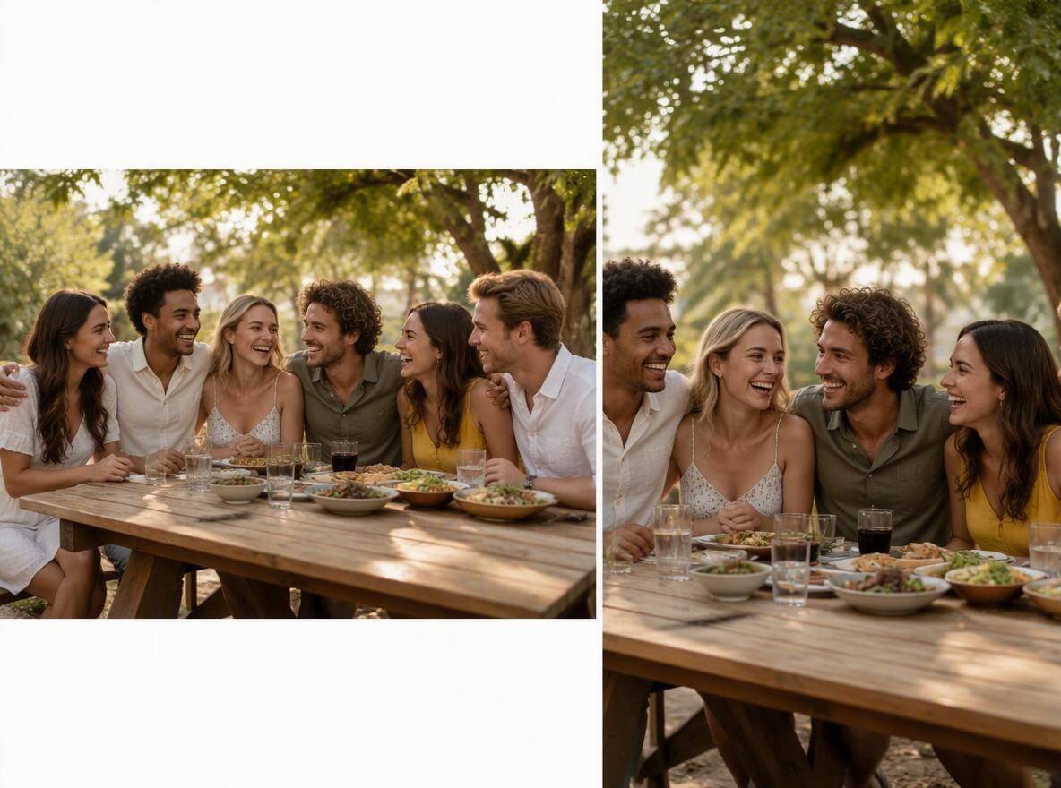 a comparison image of friends having dinner together in landscape and portrait orientation