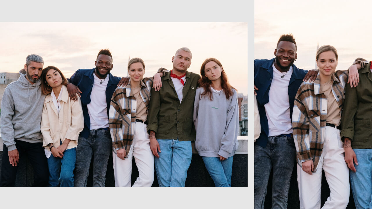 a comparison image of friends having dinner together in landscape and portrait orientation