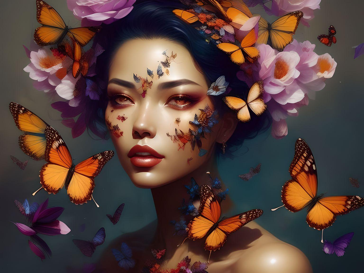 a concept art illustration of a girl with many butterflies