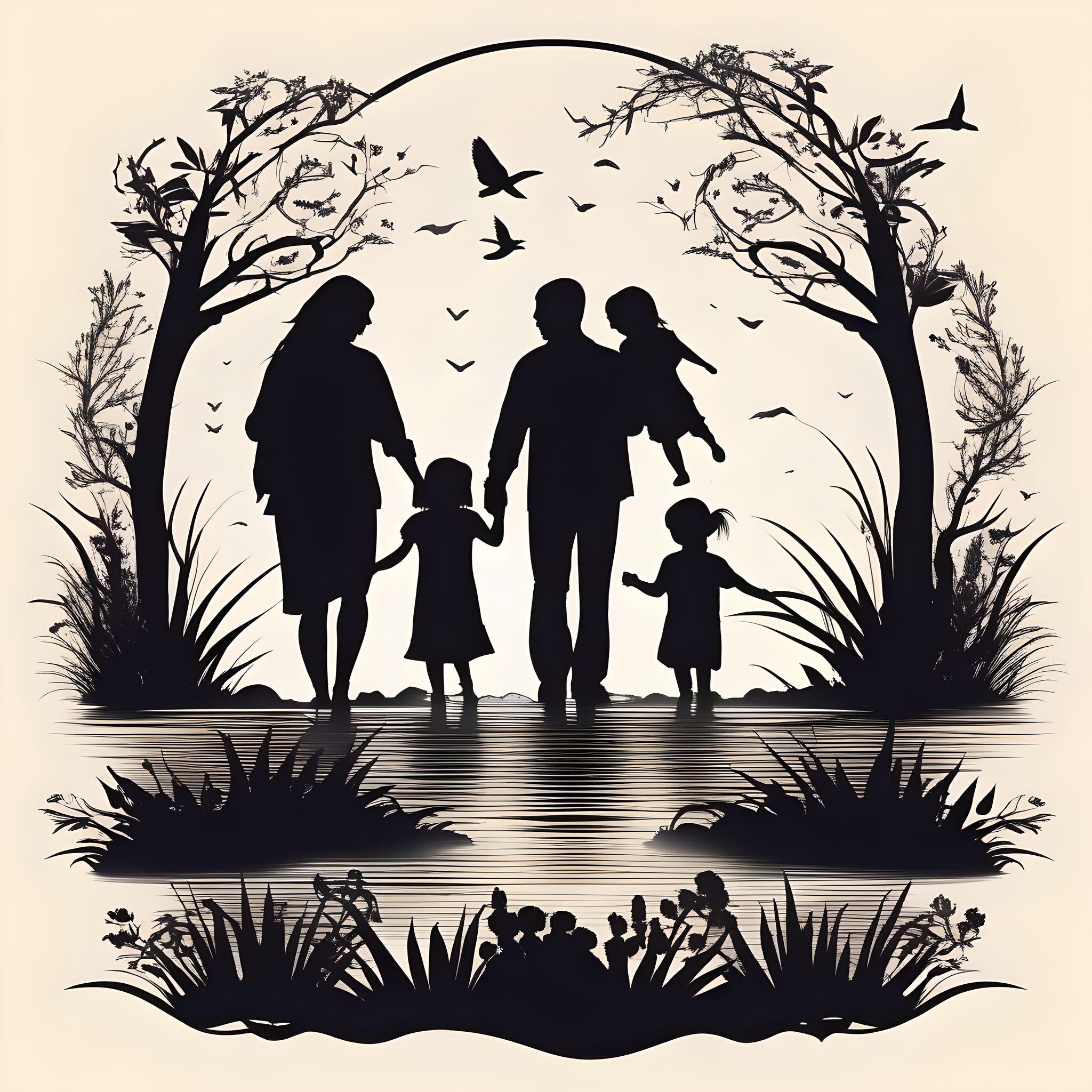 a family silhouette tattoo deisgn of five people
