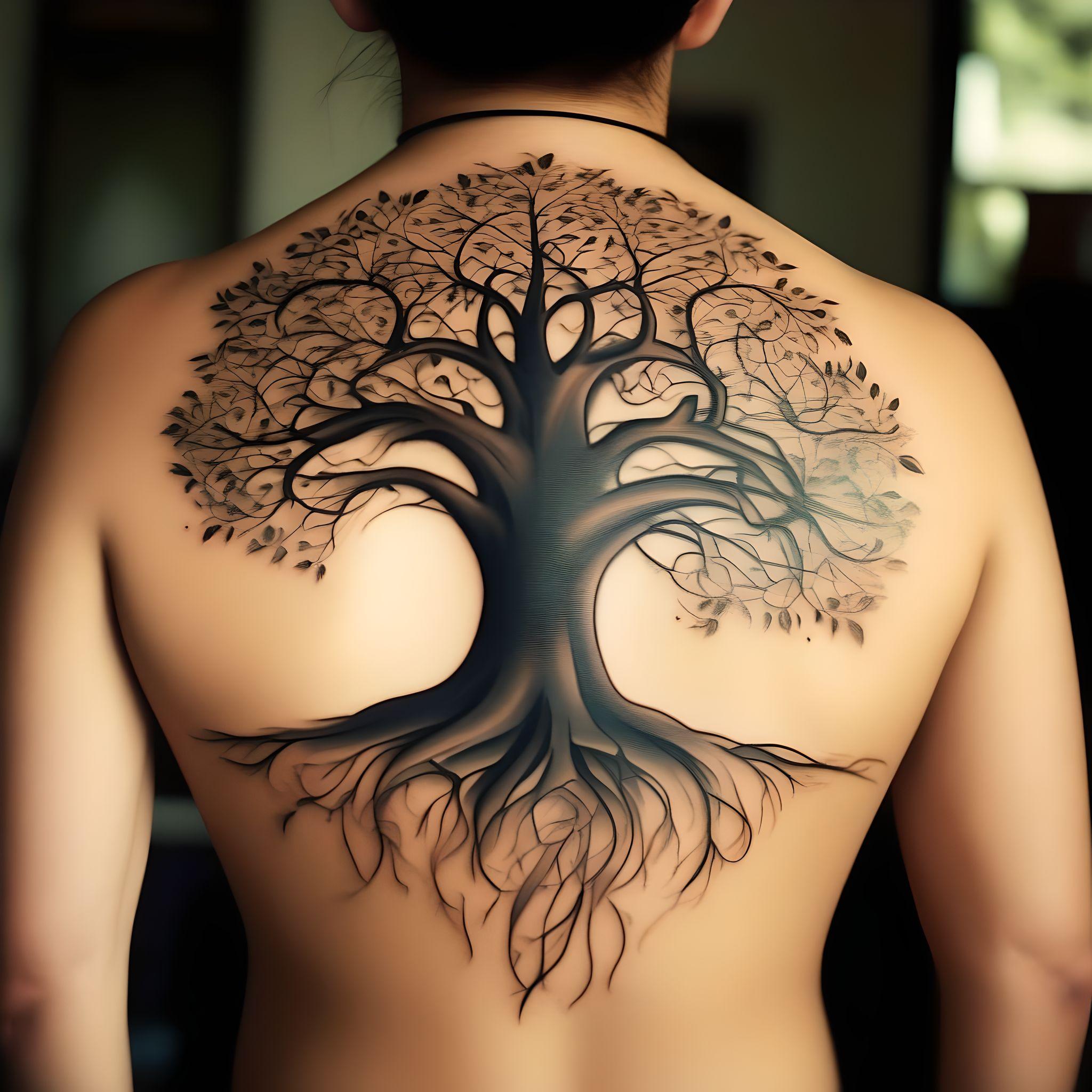 a family tree tattoo design on a mans back