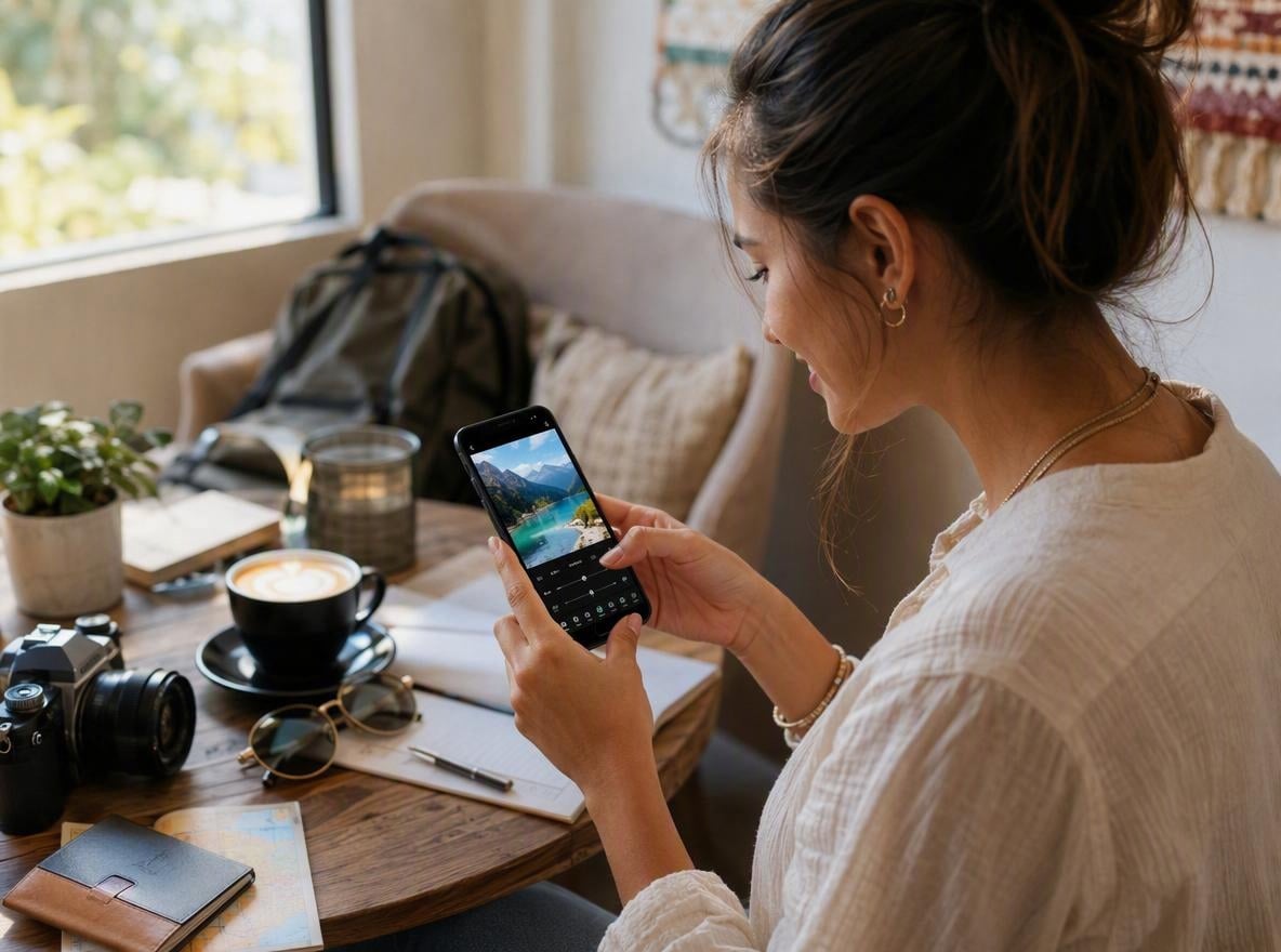 a girl is editing her travel photo on her phone