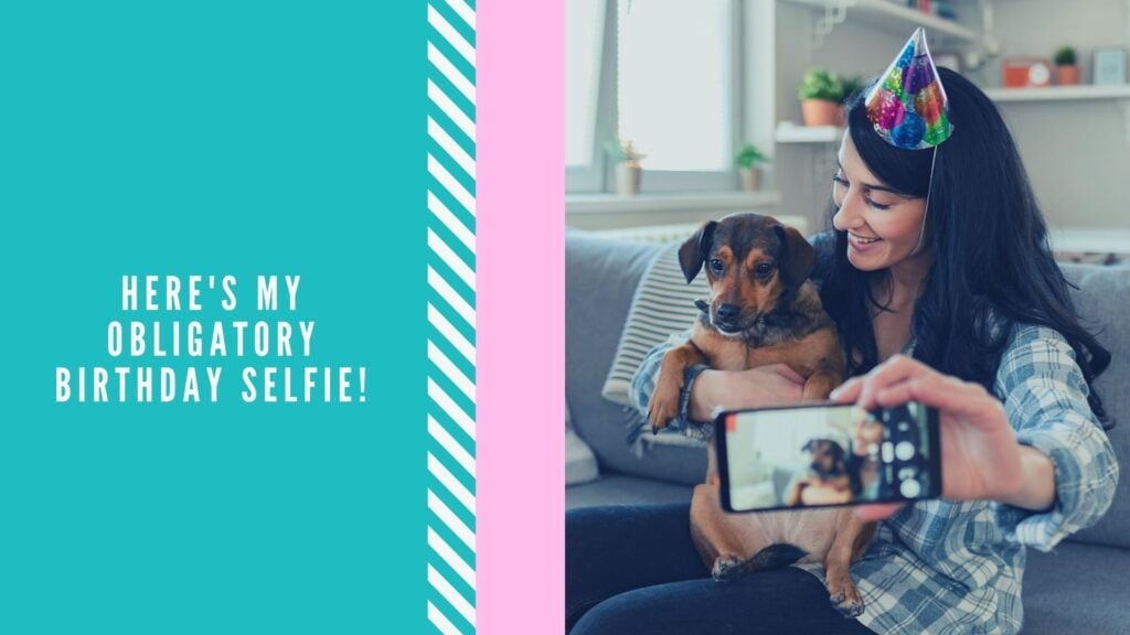 a girl taking a selfie with a dog caption